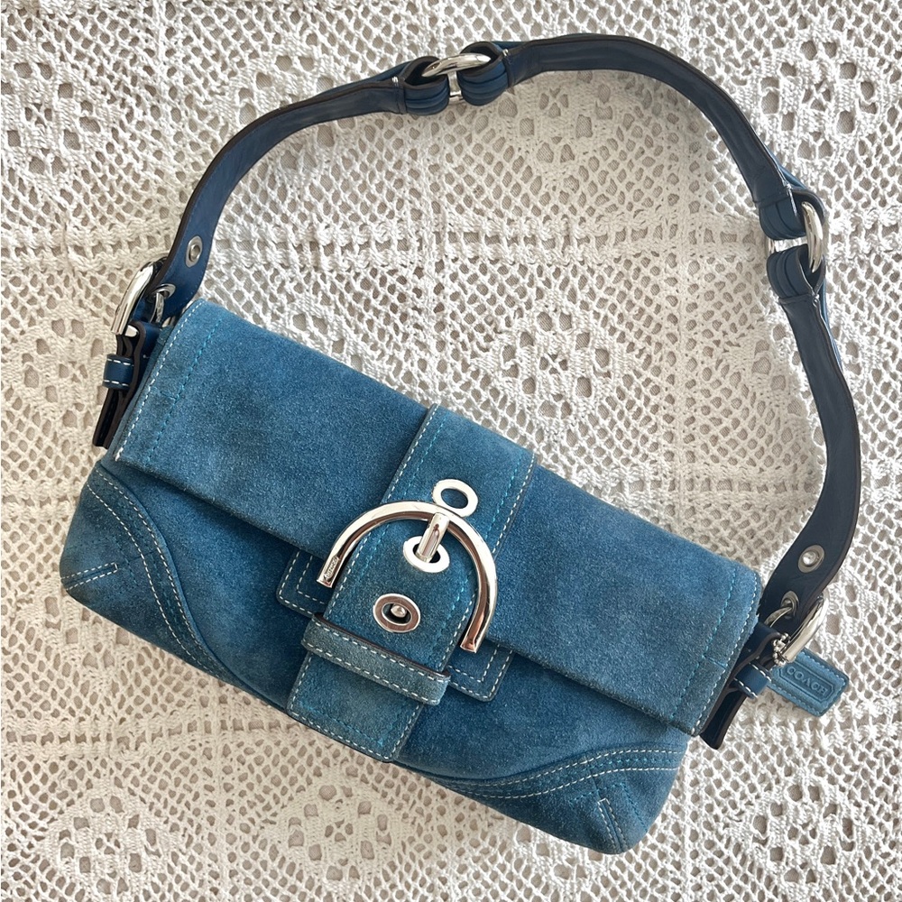 Rare Coach Soho Demi Flap Bag Suede Shoulder Bag in Peacock Blue 8A18